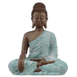 Buddha 347 siddende turkis og træfarvet h29cm